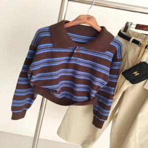 마가렛 배색카라 스트라이프 헨리넥 세미크롭 긴팔니트 (4color)