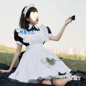 여성 긴팔 메이드복 코스프레 컨셉 촬영 드레스 블랙 롱 슈트 티류으스