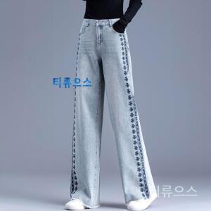 꽃자수 와이드 데님 팬츠 하이웨스트 꽃무늬 루즈핏 일자 청바지 캐주얼 데일리 코디