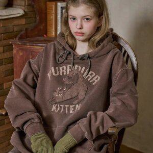KITTEN 패치 피그먼트 후드티 브라운