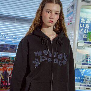 위어드피스 데님 패치 후드 집업 블랙