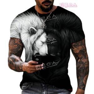패션 3D 동물 반팔 남성용 사자 스포츠 여름 탄성 탑 인쇄 코튼 피트니스 티셔 티류으
