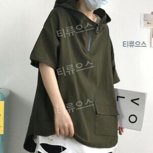 남성 여름 후드 반팔 티셔츠 청소년 하프 지퍼 셔츠 티류으스