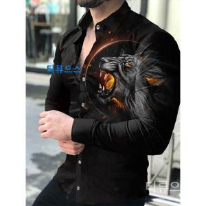 남자3D호랑이긴팔셔츠 야수힙합남방 남성용 동물 칼라 셔츠 패턴 프린트 야외 캐주얼