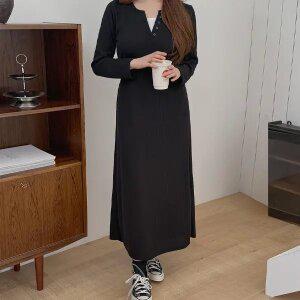 [빅사이즈]이블렛 퓨민드 골지 배색 버튼 롱 원피스 제이스타일