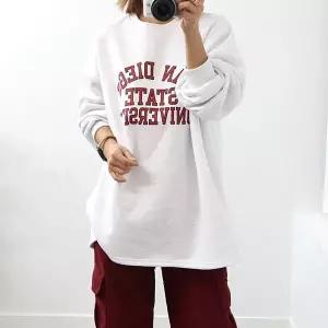 여성 샌 박스 루즈핏 오버핏 면 라운드 흰색 홈웨어 77 겨울 레터링 기모 롱 티 티셔츠