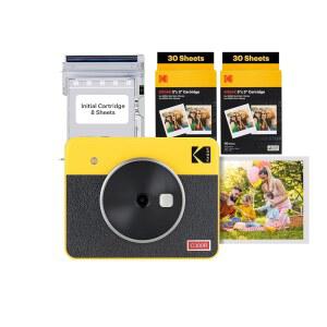 KODAK 미니 샷 3 레트로 4PASS 2-in-1 인스턴트 디지털 카메라 및 포토 프린터(3x3 인치) 초기 8장 + 60장 카트리지 번들, 노란색(징크 아님)