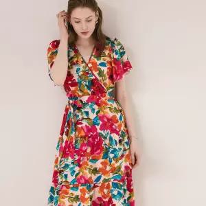 [막스까르띠지오]파티 플라워 랩 브이넥 롱원피스