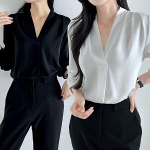 브이넥 블라우스 면접 기본 정장 긴팔 흰색 셔츠 하객룩