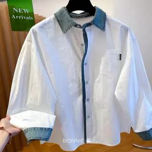 [보니제이]배색 여성 와이셔츠 흰색 남방 오버핏 데님넥  포인트