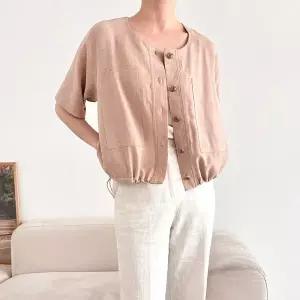 [문에이블]문에이블 유니크 마 린넨 여름 봄 스트링 노카라넥 반팔 숏 블라우스