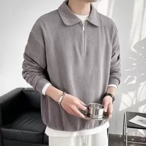남자 카라 반집업 니트 오버핏 긴팔티셔츠 플리츠 하프집업 캐주얼룩