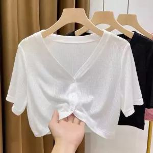 반팔가디건 여름 크롭 숏 시스루로브 아우터 숄 니트가디건 펀칭 여자