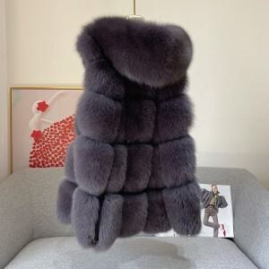 하이닝 폭스 퍼 탱크 탑 여성 중간 길이 후드 A라인 에디션 면 조끼 코트 2023 가을 겨울 신상