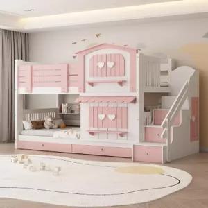 원목 어린이 이층침대 슬라이드 침대 분홍 공주