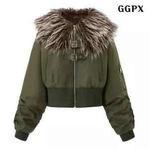 [GGPX]페이크 퍼 소매 셔링 블루종 숏 점퍼 (GPDJJ041D)