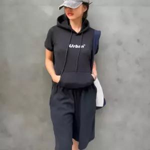 [하프클럽/]여성 슬림핏 캥거루 주머니 반팔 후드티와 트레이닝 반바지 세