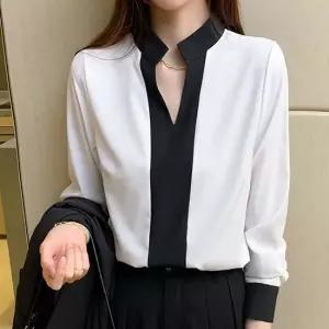 (귈림) 오픈 프런트넥 배색  블라우스(G5SBL004P)