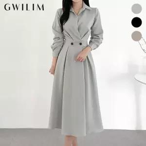 (귈림) 버튼 셔링 플레어 롱 원피스(GBSOP053P)