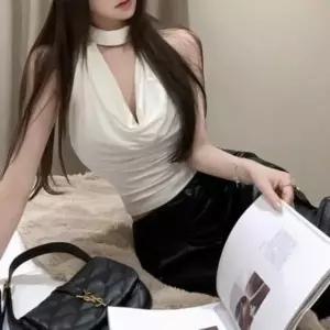 [신세계라이브쇼핑][옷자락] 여성 드레이프 홀터넥 백리스 포인트 티셔츠