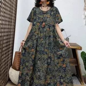 아레니아 여름 원피스 롱 플라워 엄마 코튼 루즈핏 반팔 여성 꽃무늬 K1547 (WFJ3QMA)