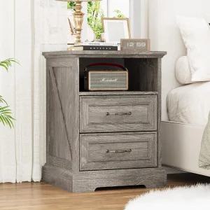 충전 스테이션이 있는 나이트스탠드 18인치 와이드 엔드 테이블 2개의 대형 서랍 및 금속 손잡이 소박한