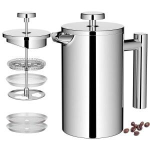 밀리 21OZ 프렌치 프레스 커피 메이커 600ML 스테인리스 스틸 프레스, 3단계 여과 시스템, 이중 벽 단열 필터 2개, 실버