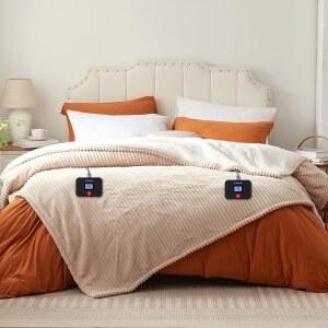 웨스팅하우스 퀸 사이즈 전기 담요, 플란넬에서 셰르파 리버서블, 듀얼 컨트롤 10 난방 설정 및 1-12시간 자동 차단 기능이 있는 가열 담요 퀸, 세탁기 사용 가능, (84인치 x 90인치, 베이지)