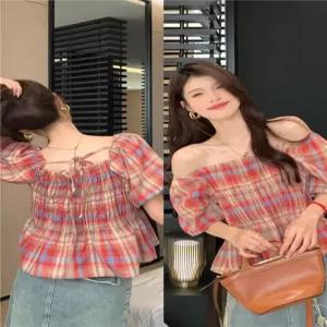 오프숄더 블라우스 체크 루즈핏 휴양지 긴팔 여름 여행