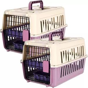 Fiwochic 2세트 여행용 애완동물 캐리어 작은 플라스틱 하드 캣 개 보울 와이어 도어 및 그릴 매트 포함