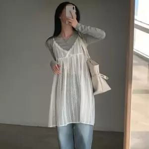 시스루 롱나시 원피스 입체감 있는 패턴 러블리한 느낌 연출