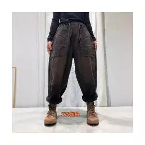 여성용 배기핏 청바지 기모 겨울 트렌드 핫픽스 빅 포켓 바지 CH4