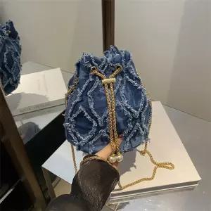 여성 러블리 가방 크로스백 미니멀 데님 퀼팅 버킷백 크로스 스트링 태슬 진주 체인 백 다올5