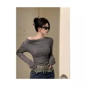 라운드넥 티셔츠 여성 셔츠 일자핏 긴팔 가을 겨울 슬림핏 숏 오프숄더 그레이 상의 admr4