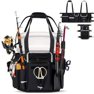 랜즈루, 5-10갤런 버킷용 낚시 버킷 정리함 업그레이드, 확장 가능한 파우치 디자인, 3개의 막대 및 플라이어 홀더가 있는 방수 얼음 태클백, 반사 스트립, 장비용 포켓 15개