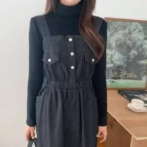 밴딩 뷔스티에 원피스 멜빵 포켓 쉬폰 흑청 셔 WFKOIMQ