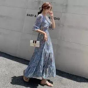 고품질 러플 인기 플라워 5부 롱원피스 감성 허리 밴딩 여름 (WFJ2XLP)