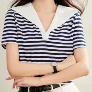 [하프클럽/]여성 단가라 V넥 반소매 카라 티셔츠