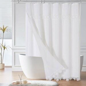 지벨 보호 농가 샤워 커튼 세트 마크라메 레이스 장식이 있는 린넨 코튼 패브릭 샤워 커튼 모던 보헤미안 프렌치 컨트리 시크 욕실 커튼 PEVA 라이너 72x72 - 화이트