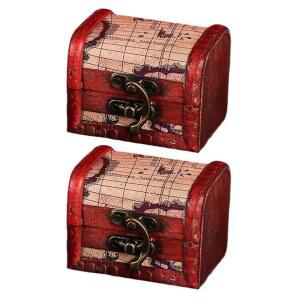 CALFOVERA 2PCS 빈티지 보석 상자 지도 패턴 보물 나무 반지 케이스 3.15 2.56 2.36 인치 목재 해적, 여성 보관용 미니 금속 자물쇠로 보관 장식