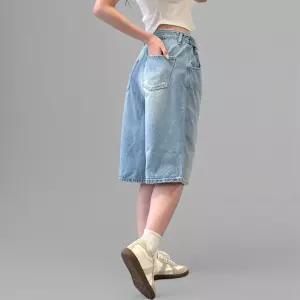 여성 비죠 버튼 청반바지 연청색 Y2K 스타일 여름 버뮤다 데님