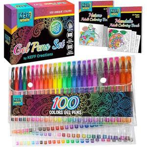 [미국배송] 파인 포인트가 있는 KEFF 젤 펜(0.88MM) - 색칠 낙서 일기 쓰기 및 그림을 위한 100개의 펜 색칠 책 2권과 컬러 가이드 세트가 포함된 세트 성인 용 글리터