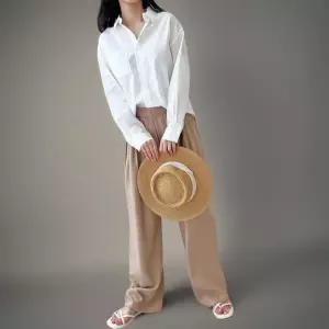 여성 통기성 쿨링 와이드 슬랙스 더블핀턱 밴딩 팬츠