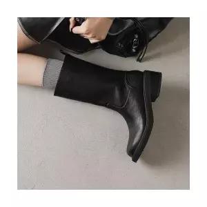 여성용 웨지힐 다크 미니멀 워싱 소가죽 미들 부츠 가을 겨울 기모 CH4