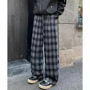 면바지 린넨 남성 바지 기모 도톰 빈티지 체크 와이드 가을 겨울 하이웨스트 캐주얼 스트레이트 admr4