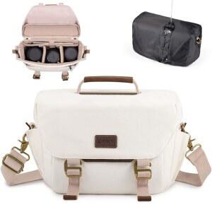 SMRITI 캔버스 카메라 가방 소형- DSLR/SLR 방수 캐논/소니/니콘/후지, 레인 커버가 있는 귀여운 슬링백, 여행 크로스바디 케이스 여성 남성 사진작가 (화이트)