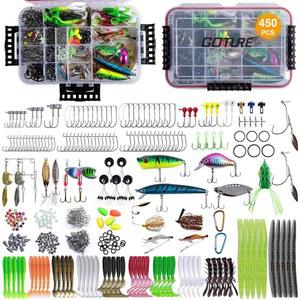 태클 박스가 있는 고투어 450개 낚시 미끼 액세서리 키트 - 후크 미노 크랭크베이트 개구리 포퍼 루어 벌레 스푼 스피너 선물 남성용