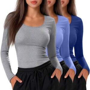 니어 3팩 언더스크럽 셔츠 여성용 긴팔 스쿱 넥 탑 기본 언더셔츠 레이어링 의류 간호사 밑단