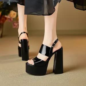 여성 트렌디 아이템 신발 웨지힐 샌들 역천 블랙 통굽 에나멜 가보시 토오픈 런닝화 HT5