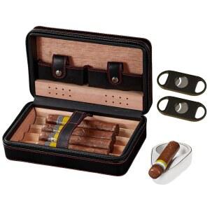 시가 케이스, 여행용 , 남성 가정 및 커터, 재떨이 수건이 포함된 블랙 시더 우드 가죽 케이스 4팩, 데스크탑 대형 전기 캐비닛, 홀더 박스 액세서리 선물